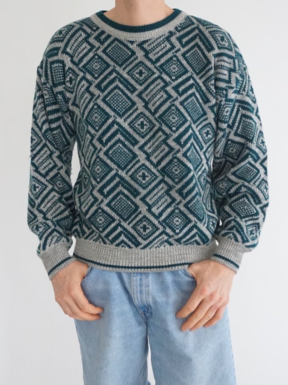 Vintage Trend Basics Teal Geometric Diamond Pattern Academic Campus Sweater M